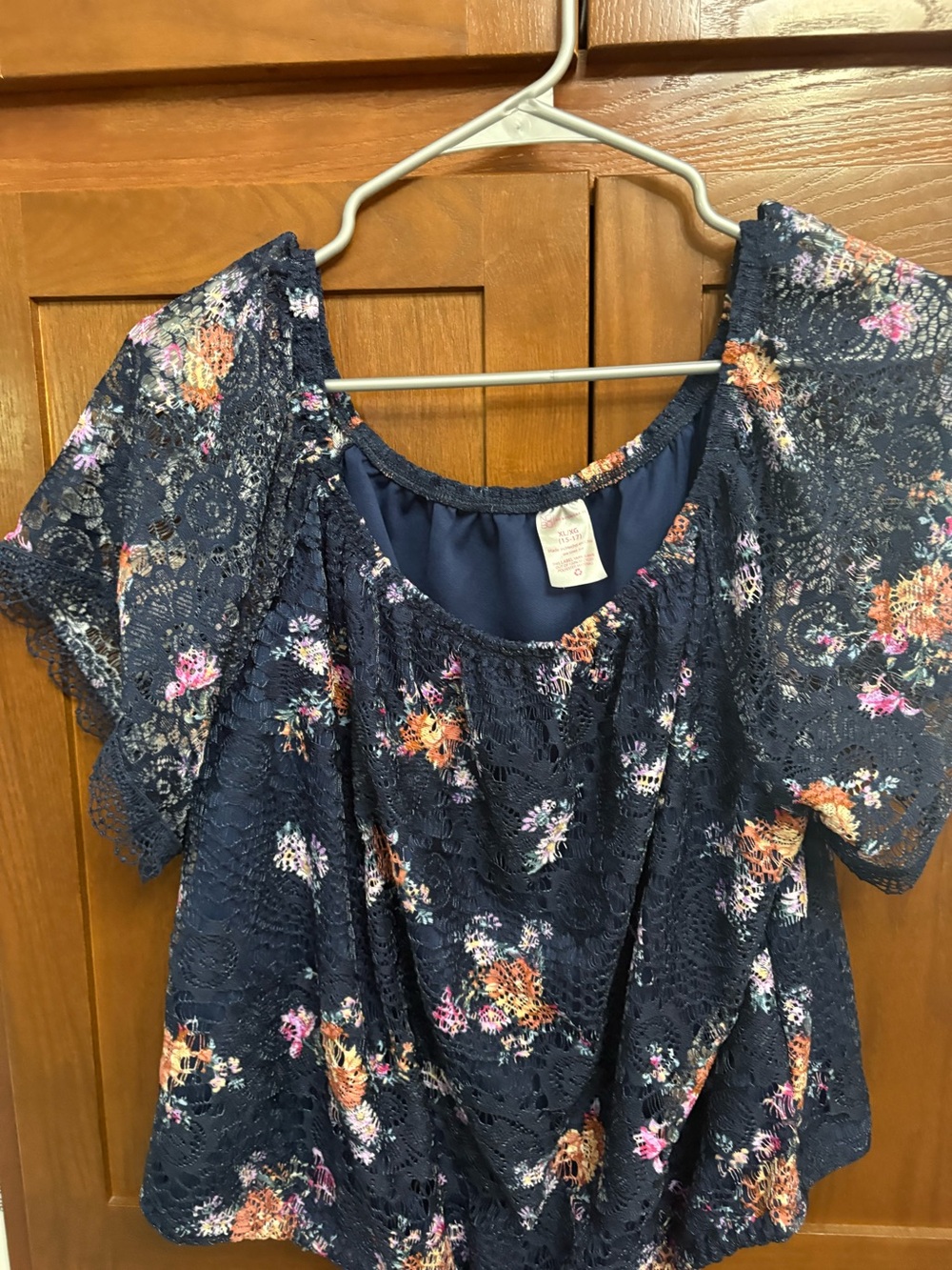 Women’s Navy Floral Lace Overlay Blouse